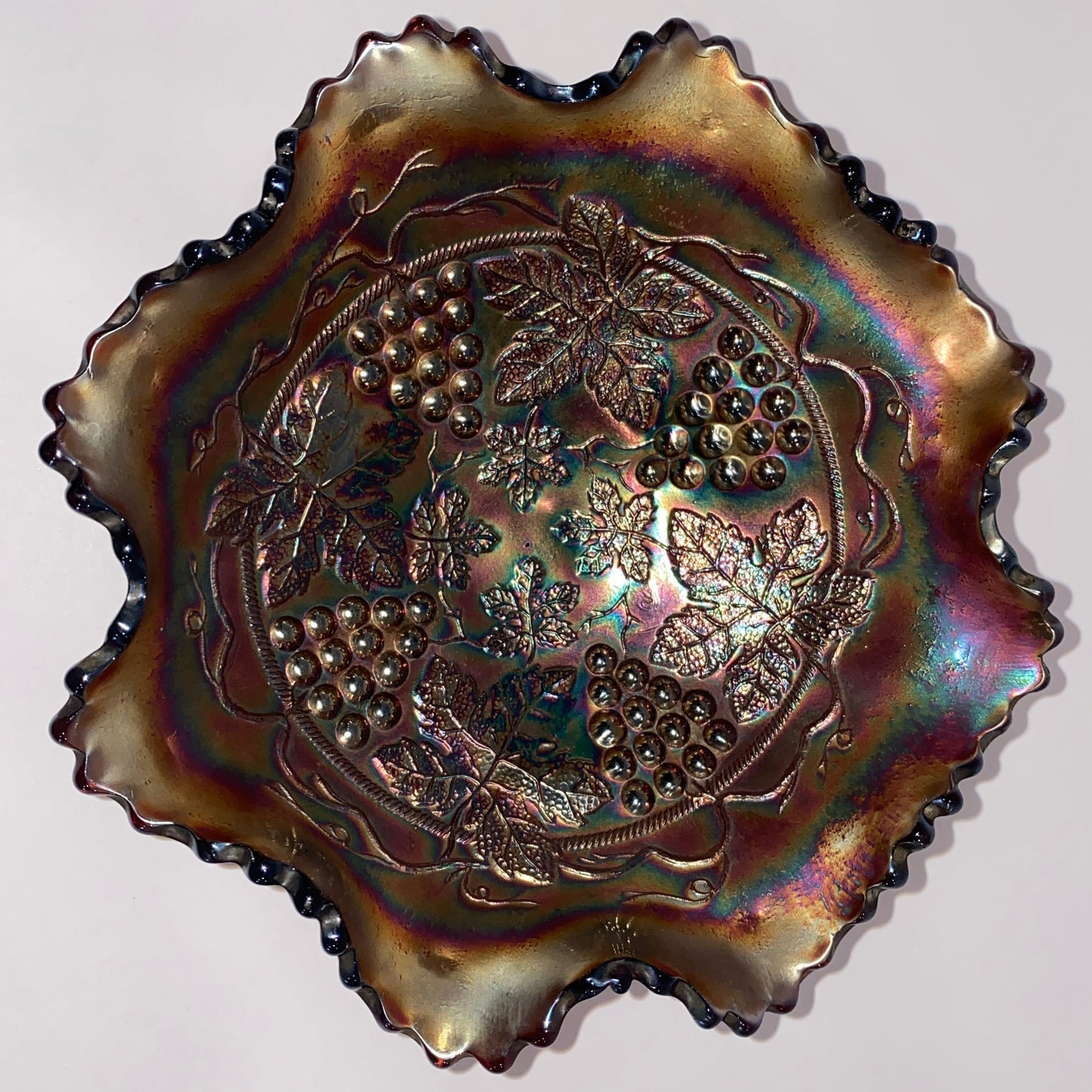 Vintage Blue Carnival Glass "Harvest Grape" Bowl