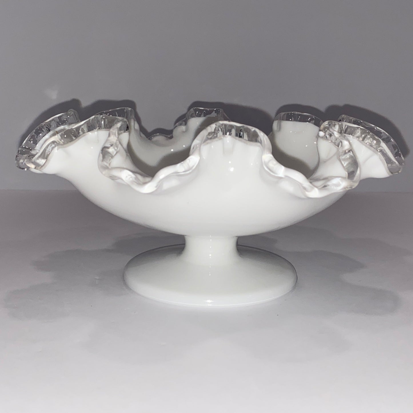 Vintage Fenton Milk Glass Ruffled Pedestal Bowl