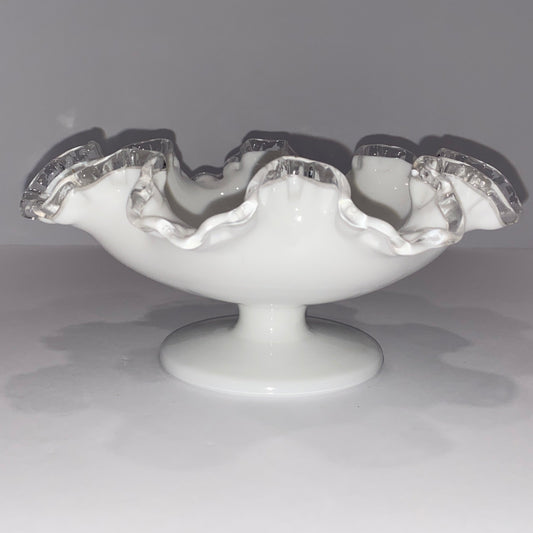 Vintage Fenton Milk Glass Ruffled Pedestal Bowl