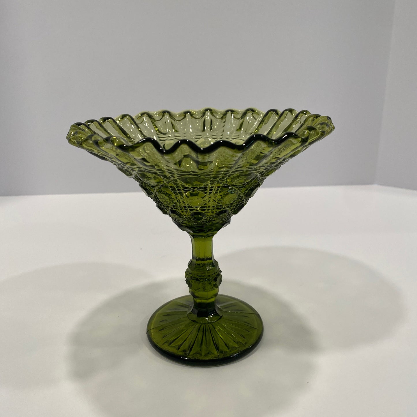 Vintage Imperial Glass "Daisy & Button" Olive Ruffled Compote