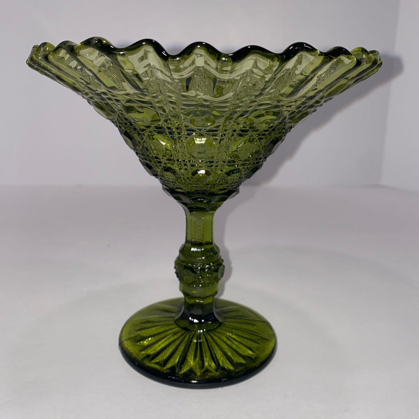 Vintage Imperial Glass "Daisy & Button" Olive Ruffled Compote