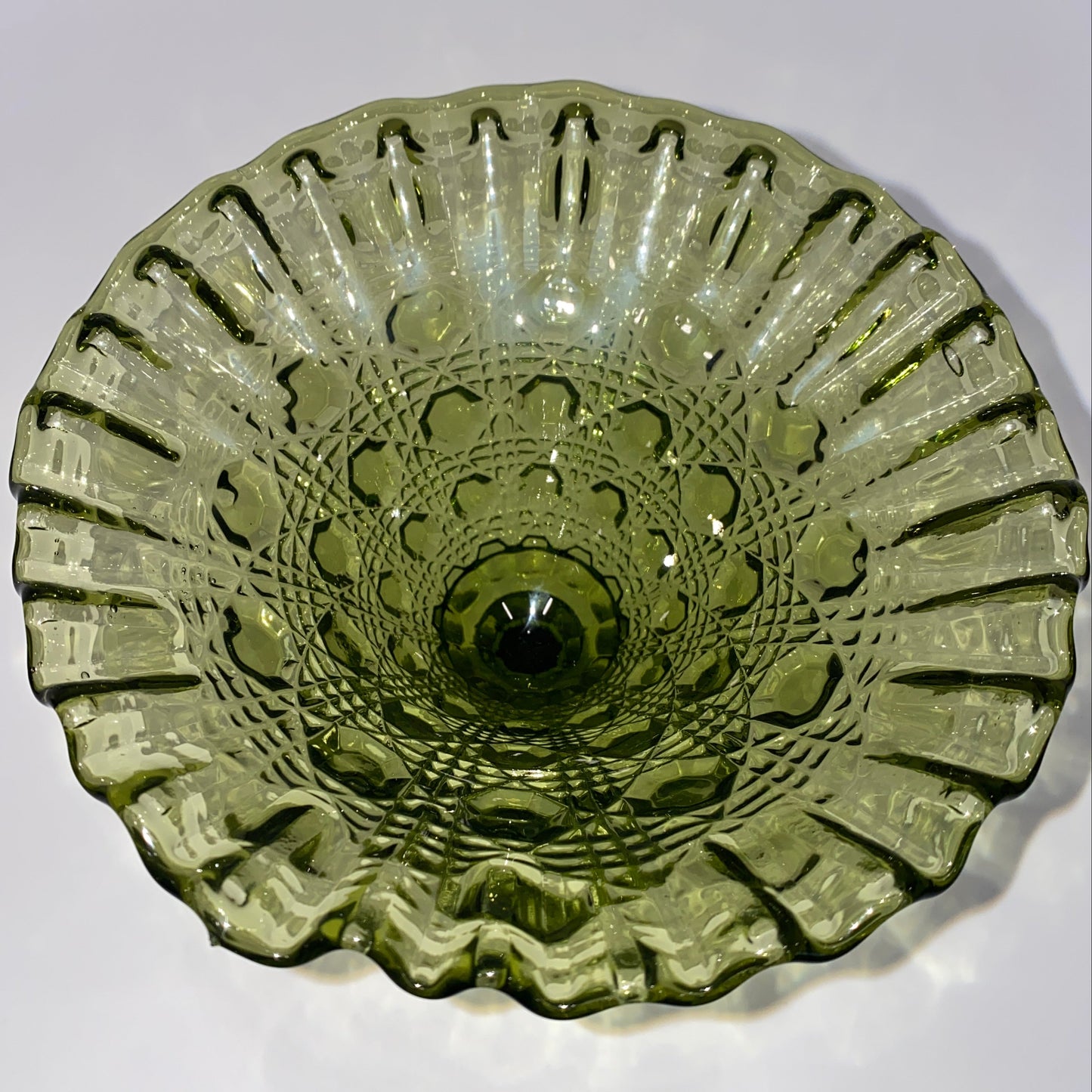 Vintage Imperial Glass "Daisy & Button" Olive Ruffled Compote